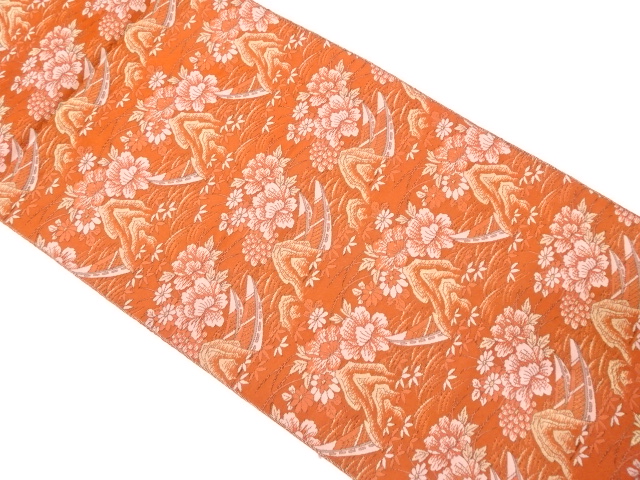 JAPANESE KIMONO / ANTIQUE NAGOYA OBI / SILK / WOVEN FLORAL PLANTS